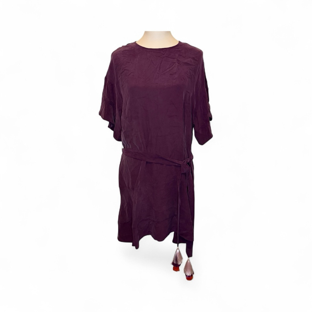 Women's Marie Oliver Purple 100% Silk Short Sleeve Dress XS Pink Orange Tassels
